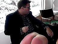 Slutty schoolgirl gets a shameful spanking on her big buxom ass